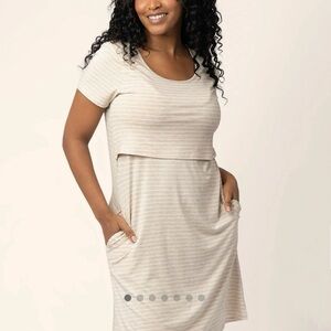 Kindred Bravely Eleanora Bamboo Maternity Nursing Dress M Oatmeal Stripe Beige